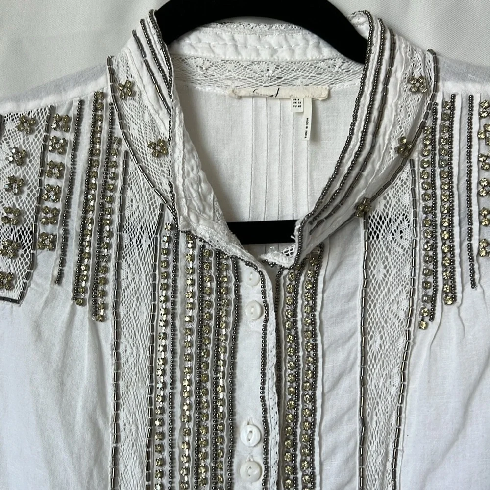 Floreat Anthropologie Rhinestone and Lace Button Down Linen Shirt - Picture 2 of 11